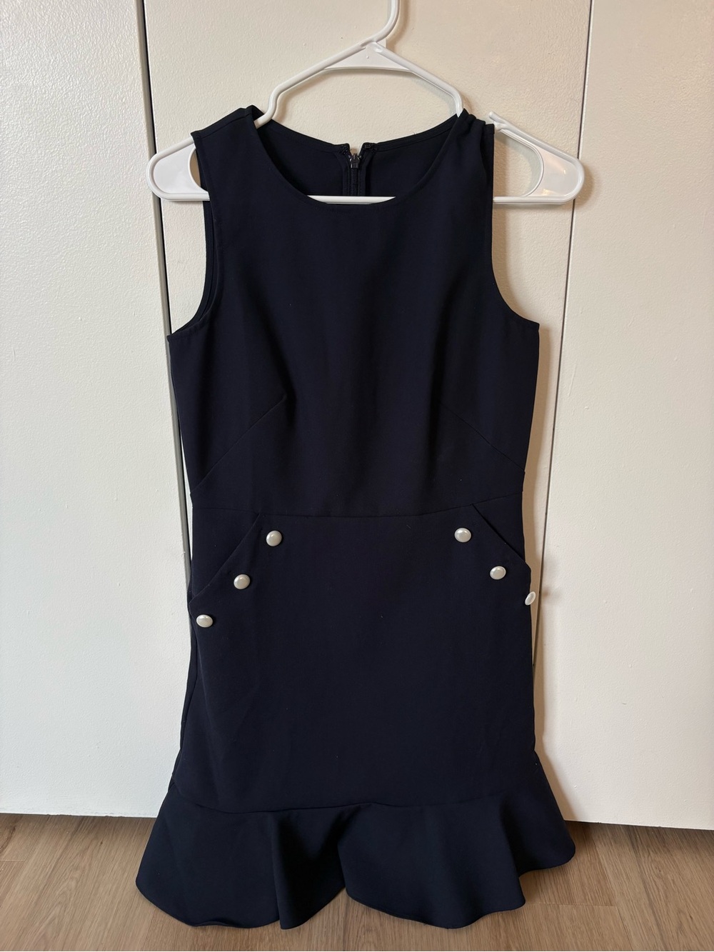 Women’s Navy Sleeveless Ruffle Dress with Button Detail